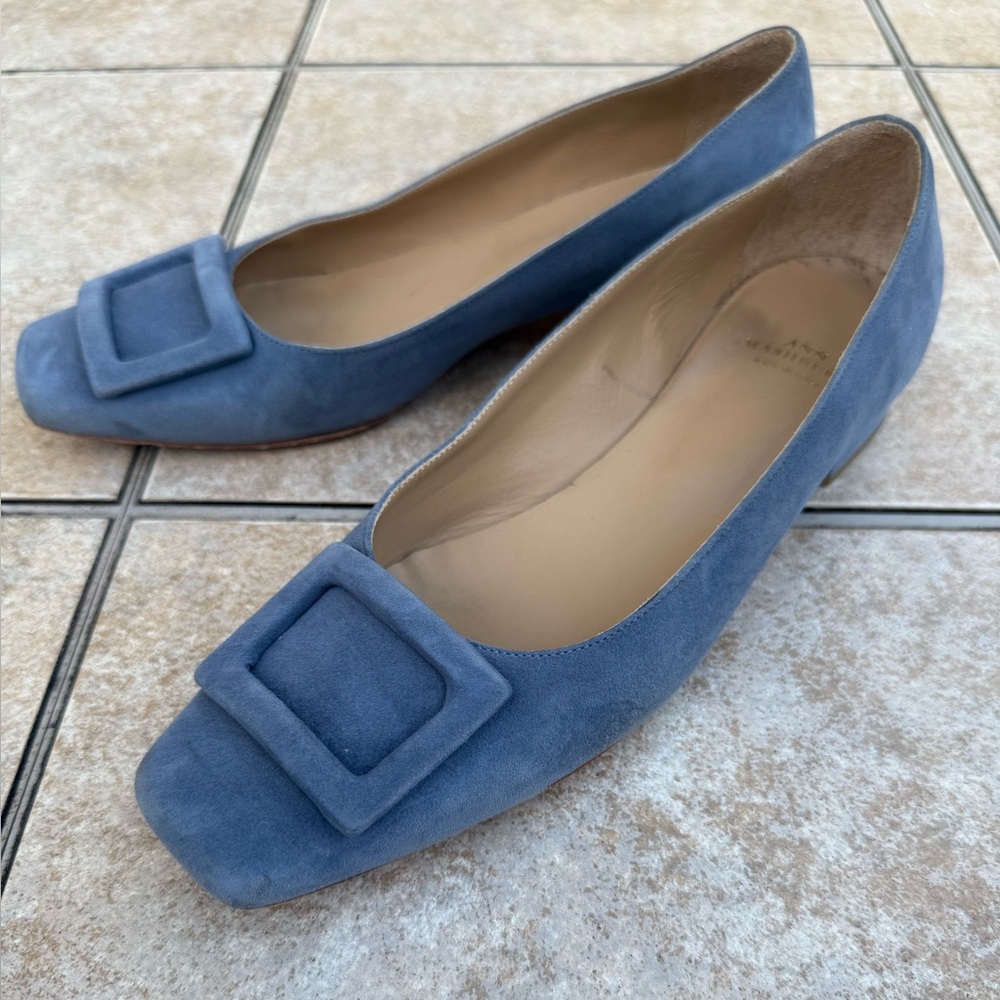 ANN MASHBURN Powder Blue Suede Low Block Heel Pumps with Decorative Buckle - Picture 6 of 14